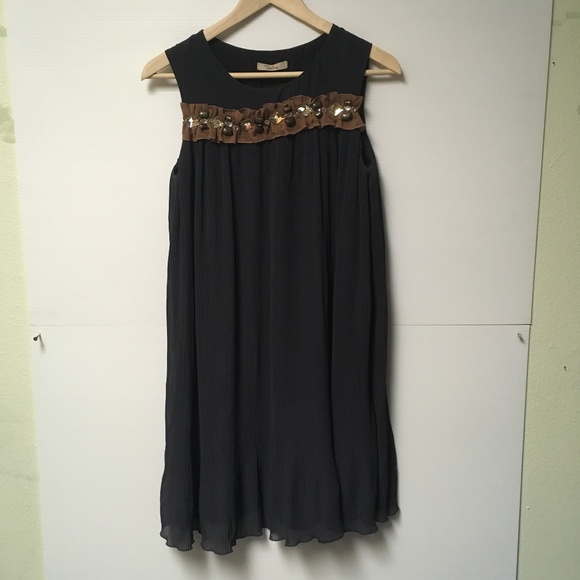 Anthro Navy Pleated Darling Shift Dress Rhinestone - Picture 1 of 5